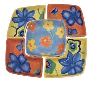 Avon China 5 Piece Hand Painted Floral Ceramic Chip and Dip Serving Set Multi